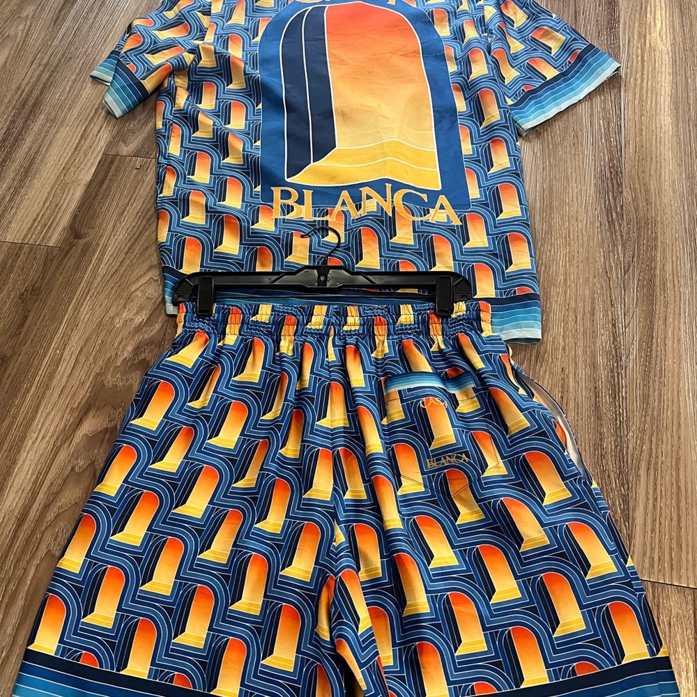 Blue and Orange Geometric Dress Shirt and shorts set